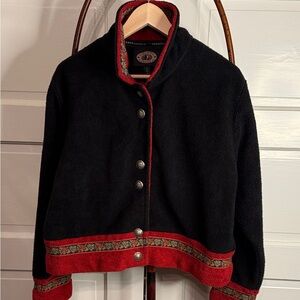 County Clothing Co Boho Fleece Jacket L Black Red Tapestry Trim Vintage 90s